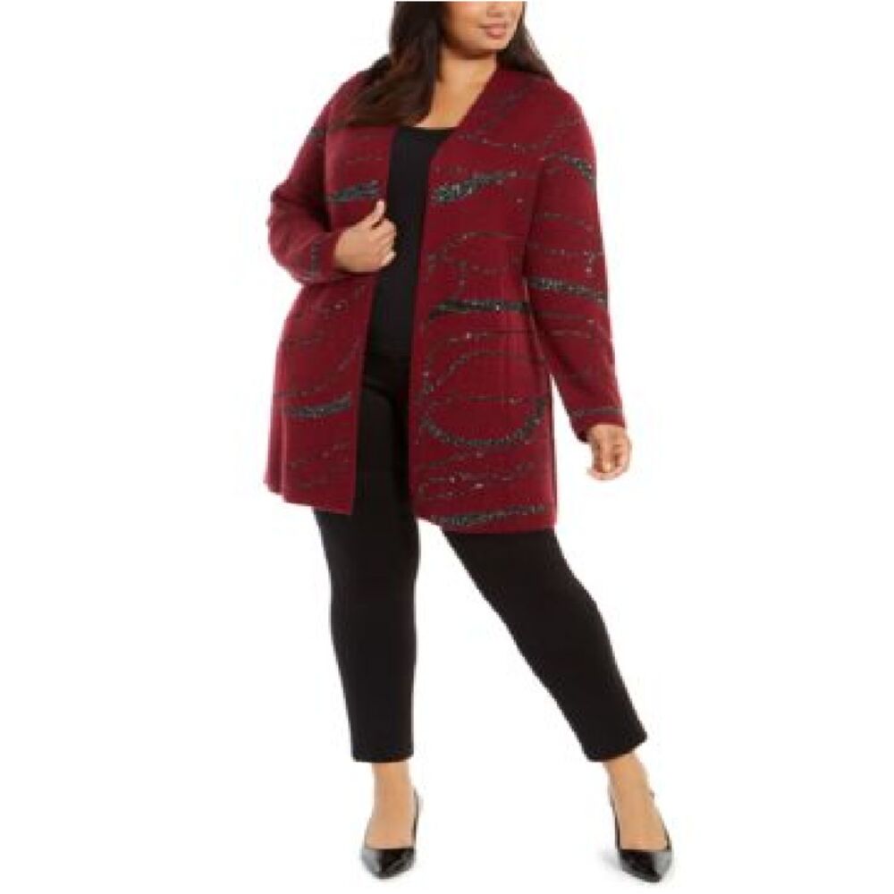 Alfani Women Plus 0X Malbec Red Swirl Shimmer Cardigan Sweater NWT CC19